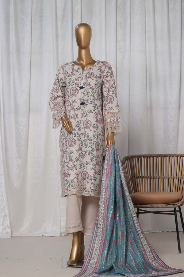 Khaddar - Stitched Printed  3piece with Embroidered Cut work - Cream