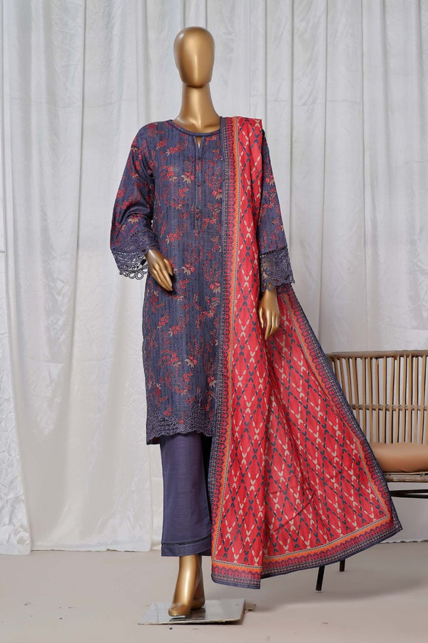 Khaddar - Stitched Printed  3piece with Embroidered Cut work - Blue