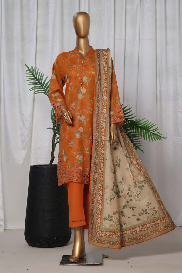 Khaddar - Stitched Printed  3piece with Embroidered Cut work - Mustard