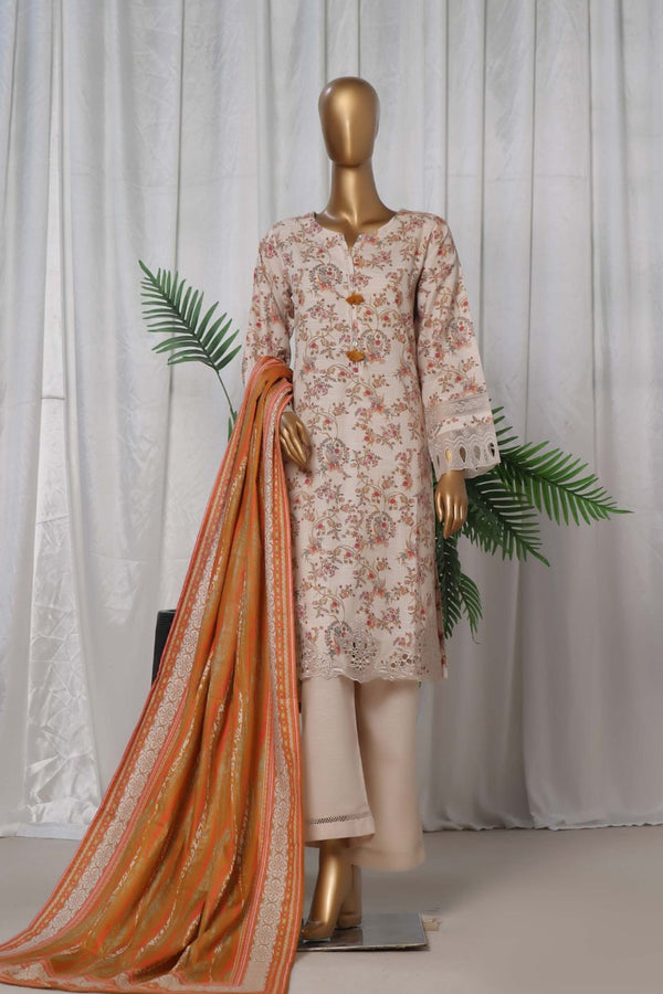 Khaddar - Stitched Printed  3piece with Embroidered Cut work - White-Mustard