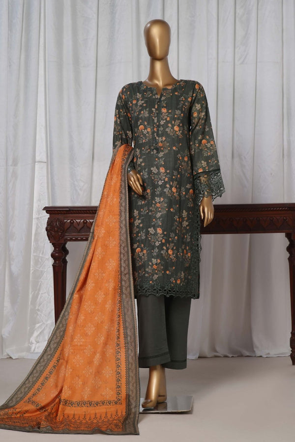 Khaddar - Stitched Printed  3piece with Embroidered Cut work - Green