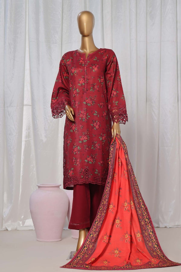 Khaddar - Stitched Printed  3piece with Embroidered Cut work - Maroon