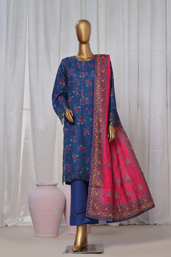 Khaddar - Stitched Printed  3piece with Embroidered Cut work - Royal-Blue