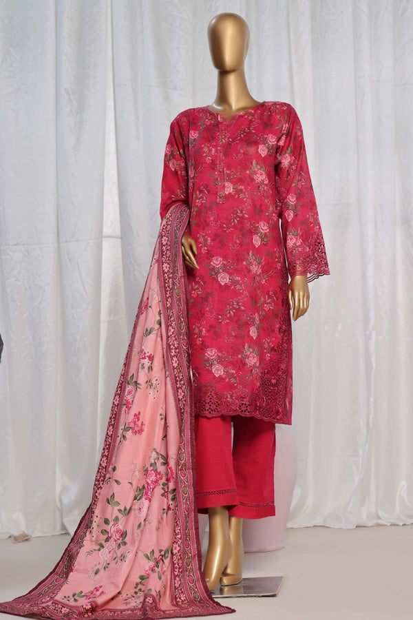 Khaddar - Stitched Printed  3piece with Embroidered Cut work - Fuchsia