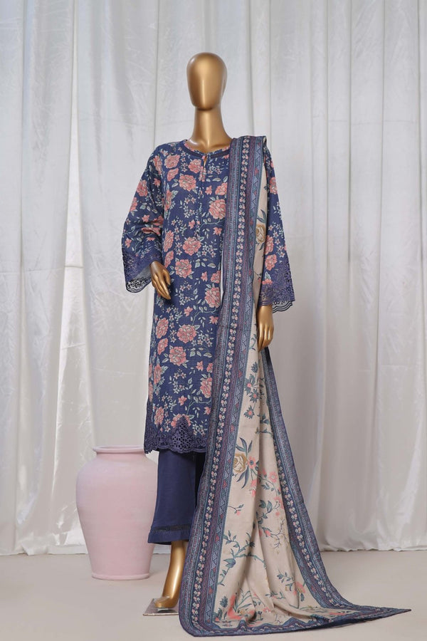 Khaddar - Stitched Printed  3piece with Embroidered Cut work - Blue-Pink