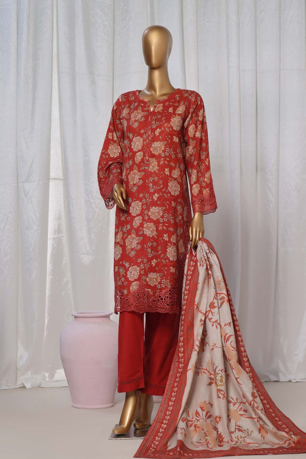 Khaddar - Stitched Printed  3piece with Embroidered Cut work - Red