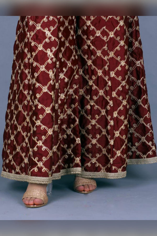 Silk - Stitched Embroidered Dhaka pant - Maroon