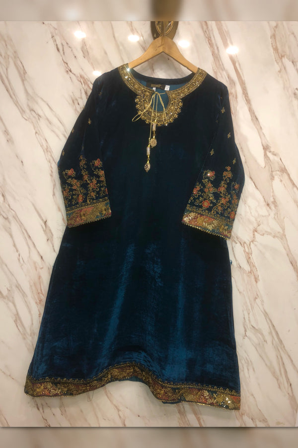Velvet - Stitched Embroidered A-Line Style Long Frock with Hand work - Teal