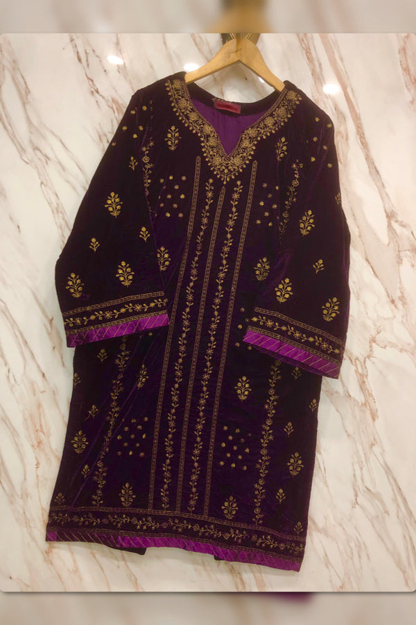 Velvet - Stitched Embroidered Kurti with Zari work - Purple